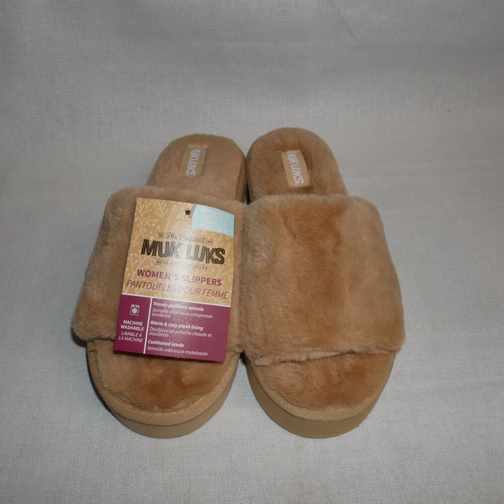 Muk Luks Womens Kirstey Slide Slipper Faux Fur Slippers Size S 5-6 Tan NWT